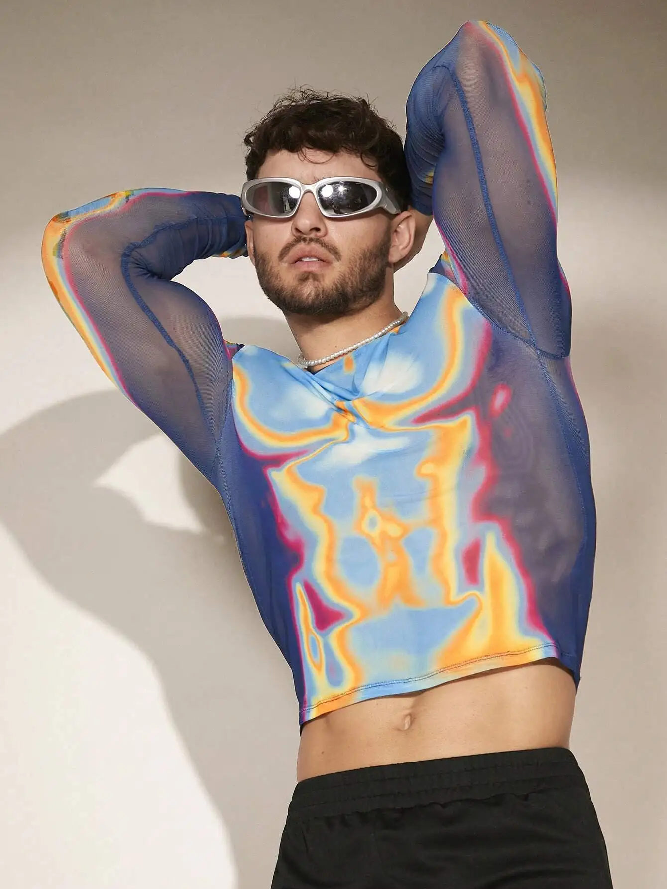 

Men's Sheer Mesh Long Sleeve Crop Top with Abstract Heatwave Print, Casual Party Wear for Summer Fall