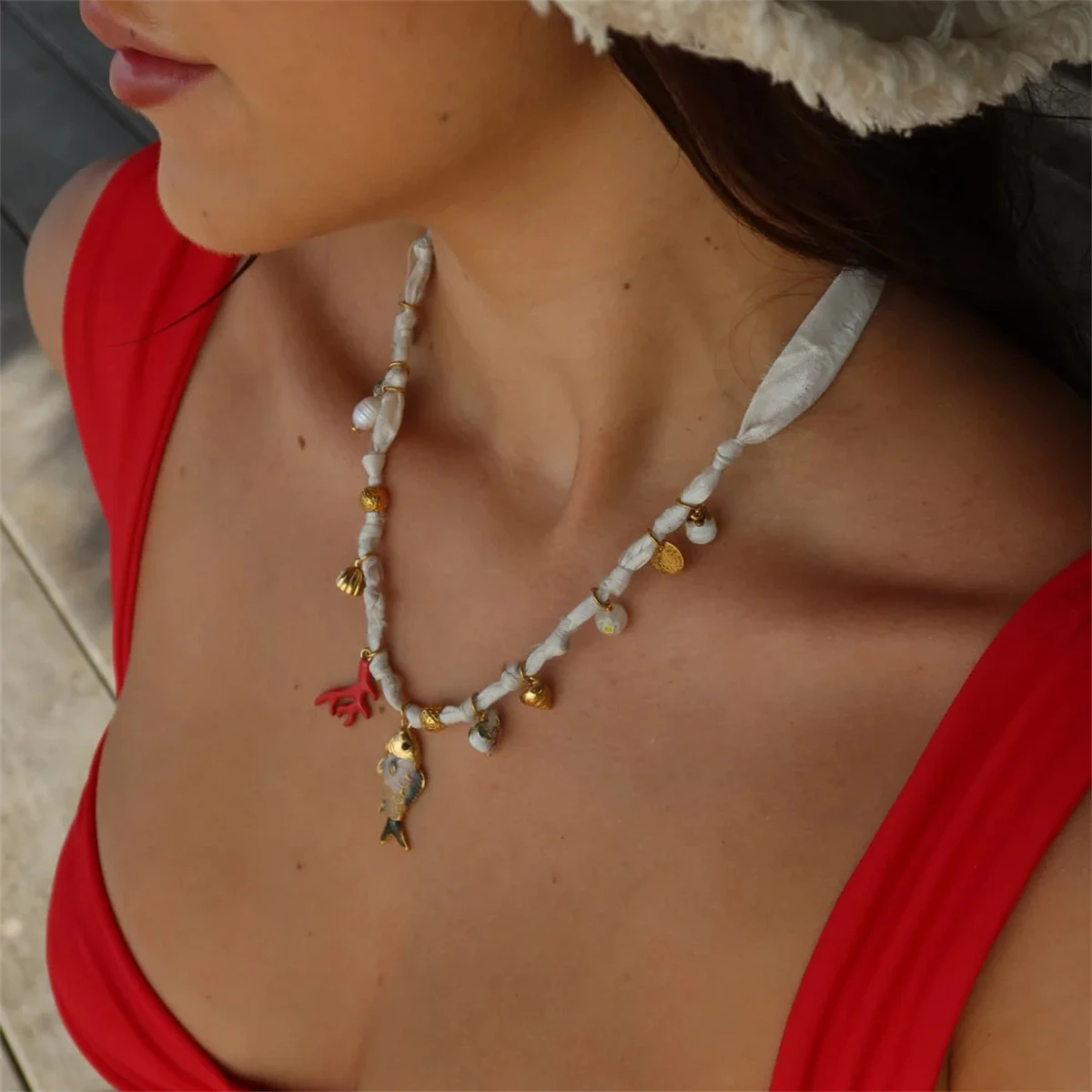 Beach Vacation Dopamine Necklace Coral Pearl Little Fish DIY Necklace Women Gold Plated Color Preserved - Image 4