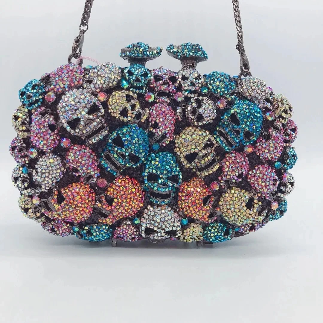 Skull Pattern Multi-Colored Crystal Evening Ladies Clutches Bags Women Diamond Party Prom Chain Handbags Luxury Mini Miaudiere