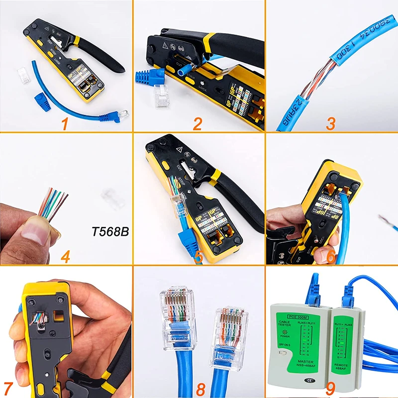 HTOC RJ45 Crimp Tool Pass Through Kit With Network Lan Cable Tester 50PCS CAT6 Pass Connectors 50PCS Boots Mini Cable Stripper