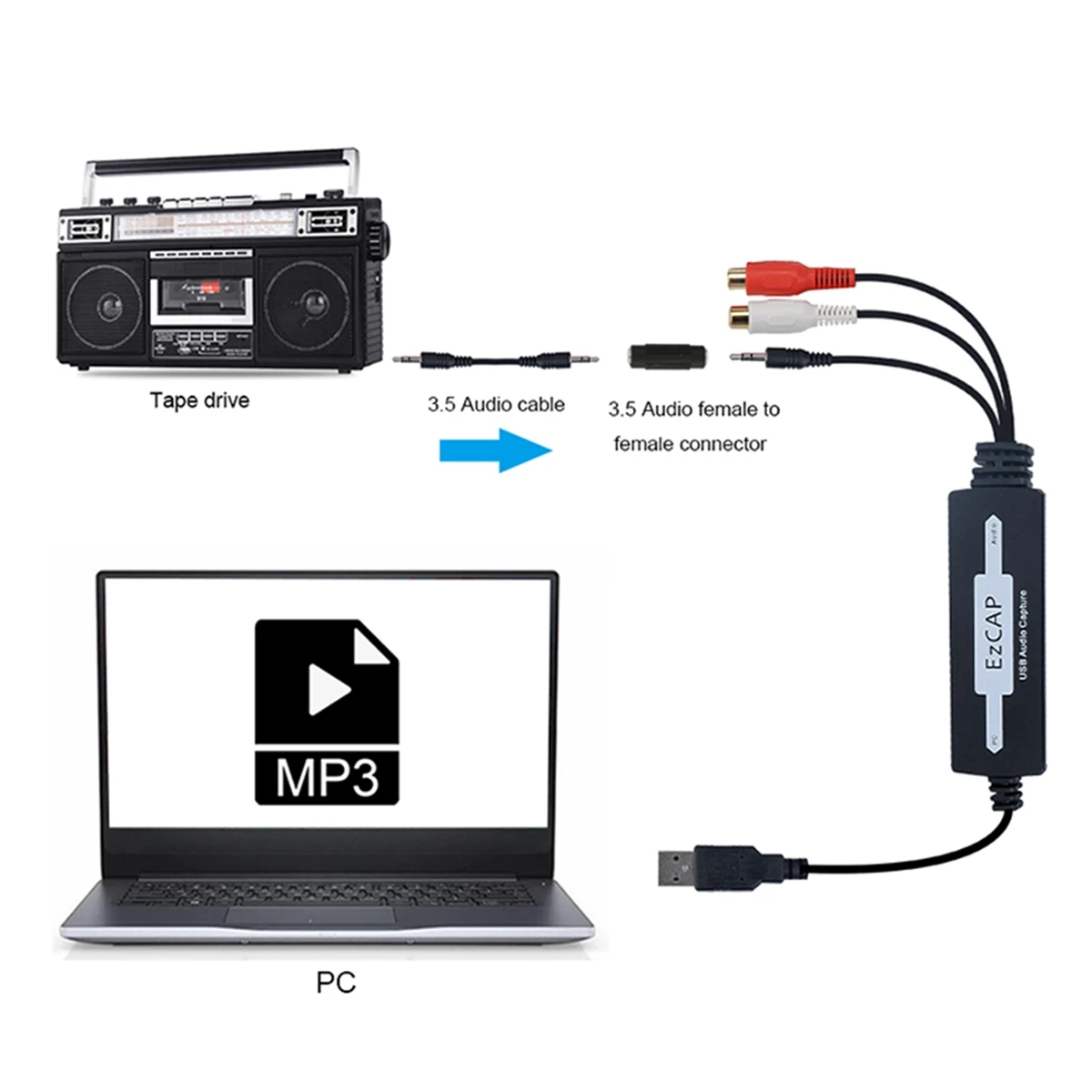 A67I EzCAP USB 3.5mm Audio Capture Grabber Edit Audio Cable to Digital for Recording Analog Audio Cassette to CD/MP3 Converter