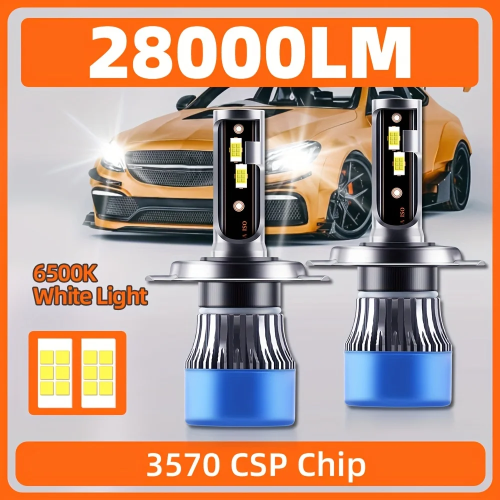 

roadsun 2pcs LED Car Lamp H4 All In One Beam Headlights 28000LM High&Low 3570 CSP Chips 6500K White 400% Brightness Plug-N-Play