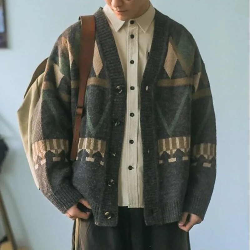 

Autumn Winter Men's Cardigan Single Breasted V-neck Japanese Vintage Color Block Loose Coat Cardigans Knitted Sweater Clothing