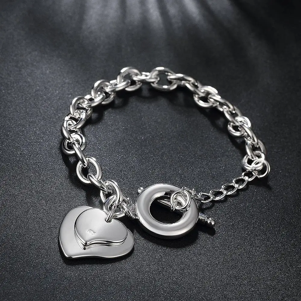 Special Offer 925 Sterling Silver Romantic Double Heart Card Pendant Bracelets For Women Party Christmas Gifts Fashion Jewelry