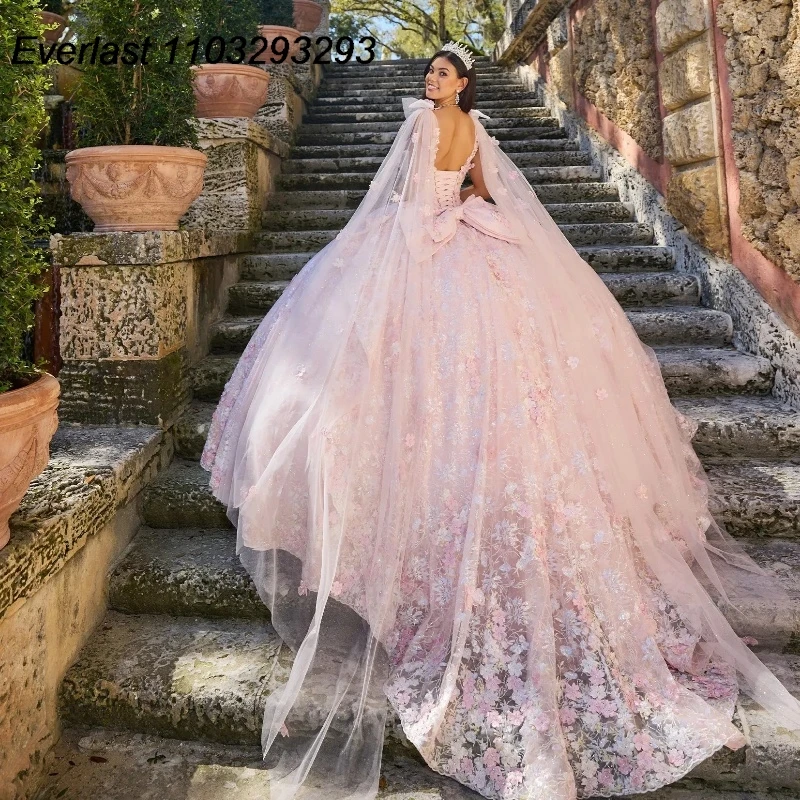 EVLAST Blue Quinceanera Dress Ball Gown 2024 Colorful 3D Floral Applique perline con Cape Sweet 16 Vestido 15 De aecos TQD279