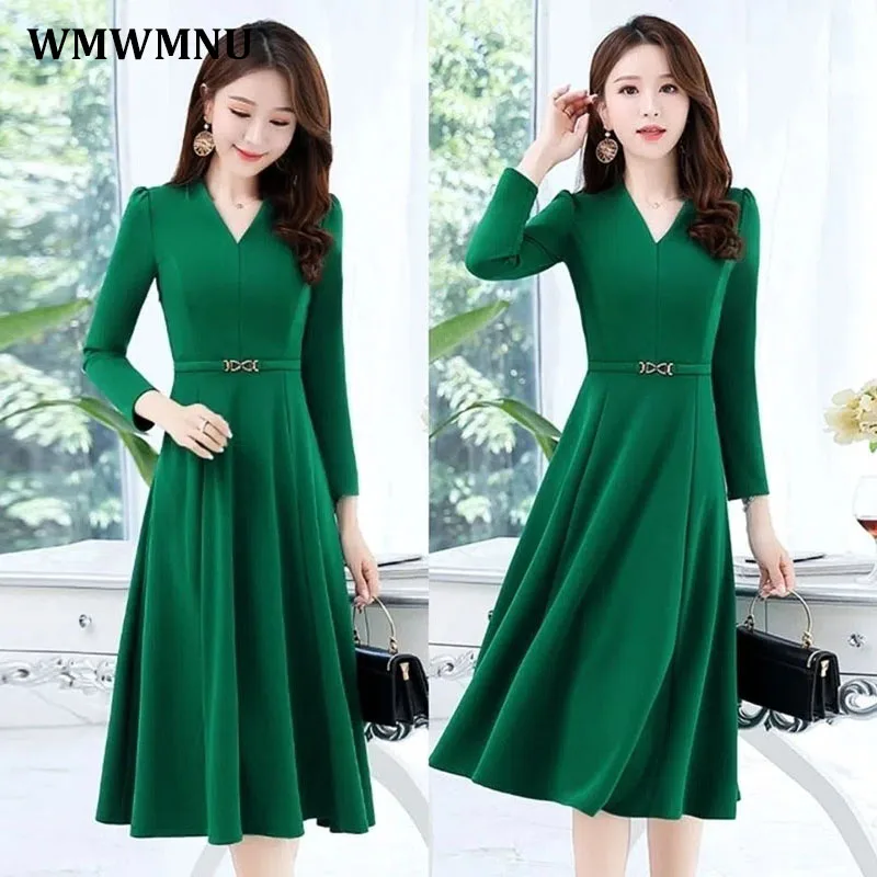 

Korean V Neck Long Sleeve A-Line Dress Women 2022 Spring Korean Knee-Length Plus Size Dresses Office Lady Elegant Party Dresses
