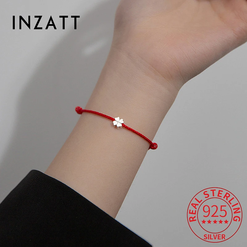 INZATT  Classic S925 Sterling Silver Flowers Red Rope Clover Adjustable Bracelet For Women Fine Jewelry Minimalist Accessories