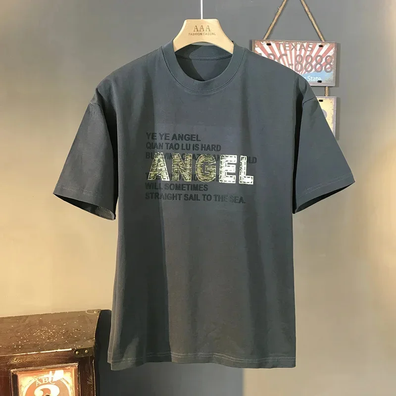 

Летняя мужская футболка 2026, простая и универсальная, с принтом, модная, свободная, элитная, с круглым вырезом, модный повседневный топ с короткими рукавами