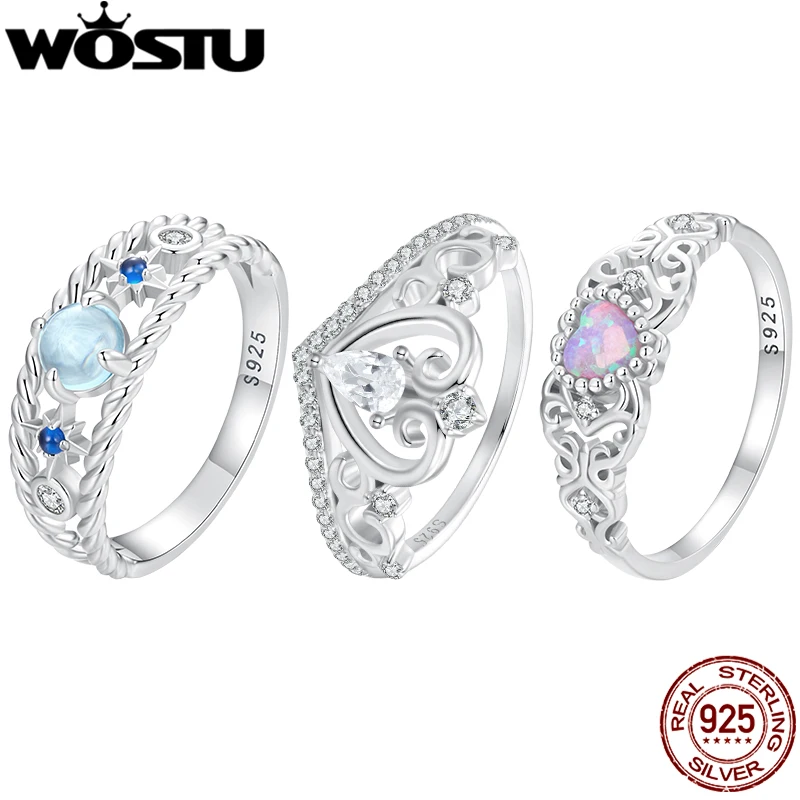 WOSTU Original 925 Sterling Silver Vintage Hollowed Opal Starry Ring Water CZ Curved Crown Finger Ring For Women Jewelry Gifts