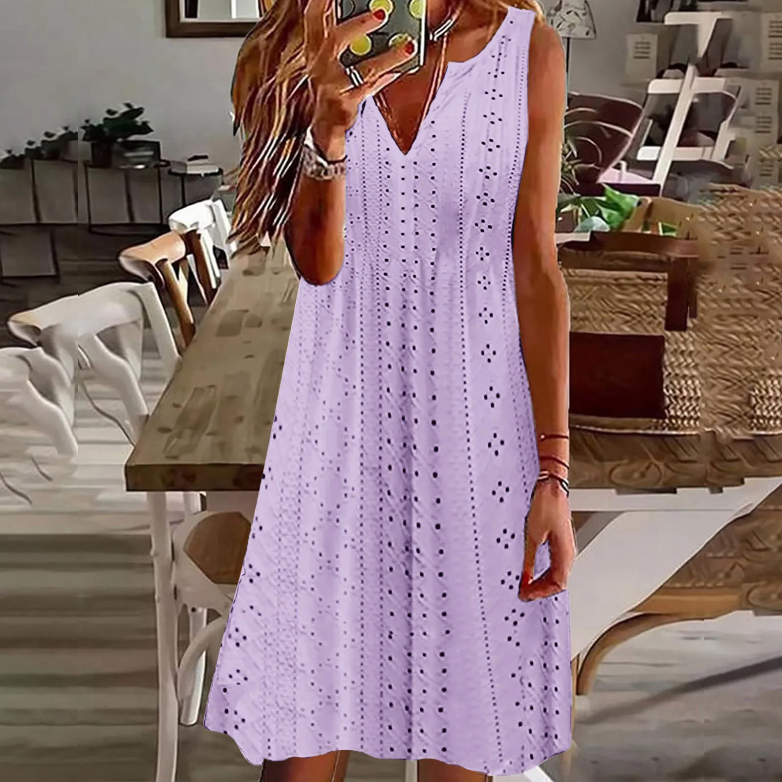 

Summer Dresses For Women Jacquard V Neck Solid Sleeveless Bohemian Beach Mini Dress Casual Loose Flowy Sundress 2024