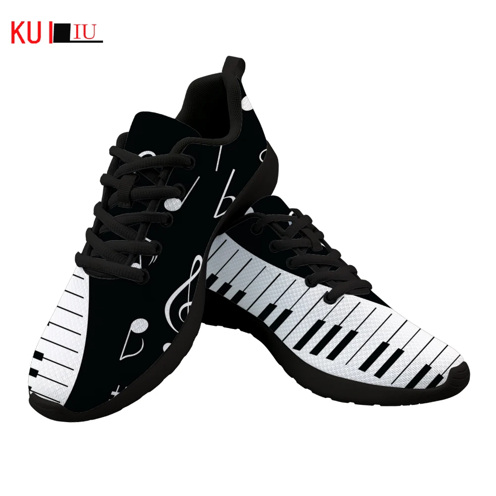 KUILIU Autumn Sneaker Women Flats Music Notes Black Pattern Musical Note Signs Casual Footwear Female Lace Up Walking Shoes