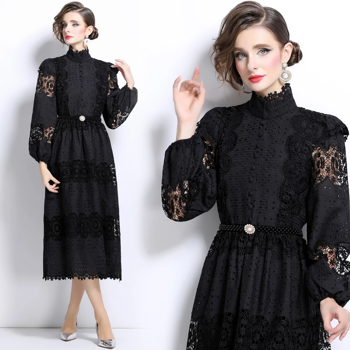 

2024 autumn new slim fit patchwork lace hollow dress with pearl belt for women black elegant dresses for women clothing