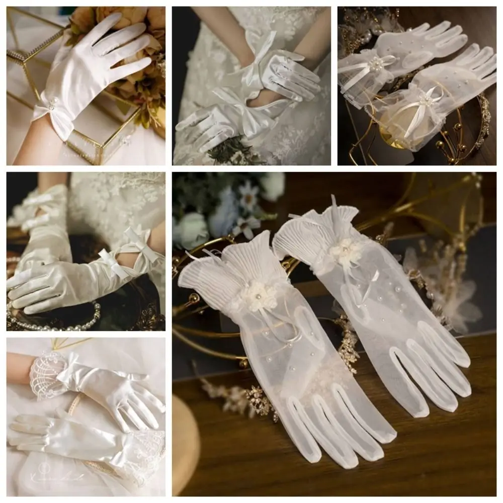 

1 Pair Marie Cat Cos White Satin Gloves Wedding Mesh Short Glove Bow Knot Gloves Sweet Thin Lace Gloves Women Wedding Dress