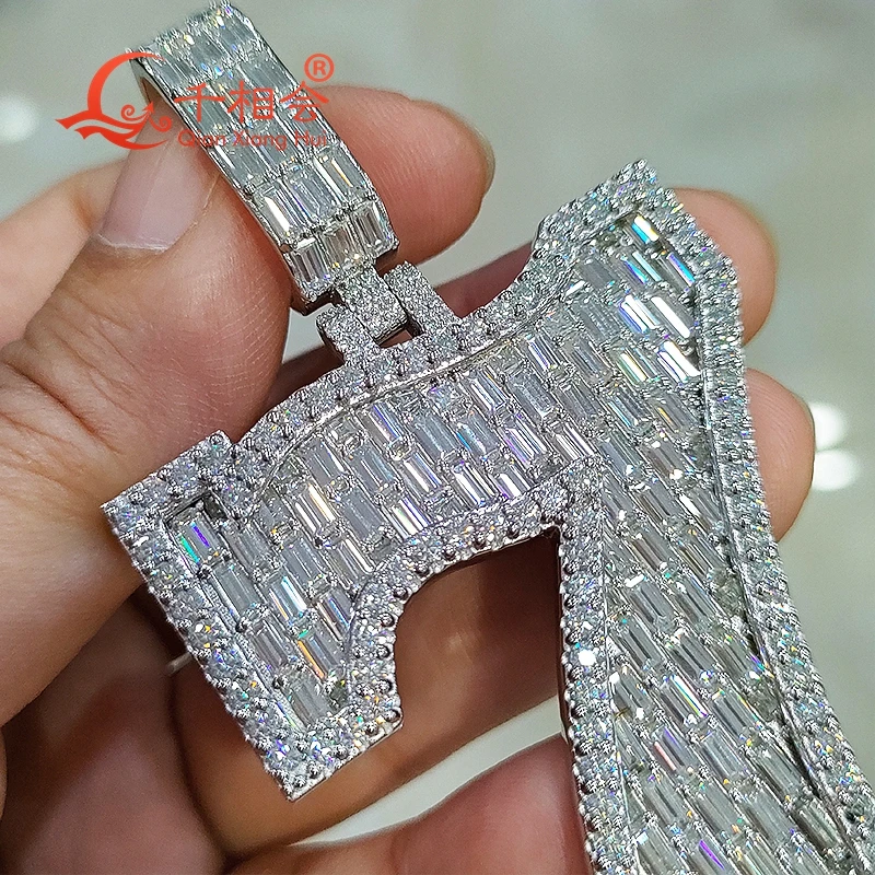 Pendentif Moissanite D VVS en argent regardé 925, grand rectangle, baguette 7 lettres, bijoux hip hop blancs, données de fiançailles, 45*65mm