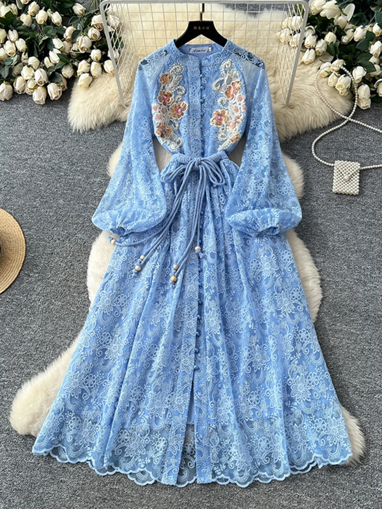 Abito francese in rete con paillettes con perline per unghie retrò per donna Primavera Autunno Elegante festa di compleanno Abito a maniche lunghe attillato in vita S255