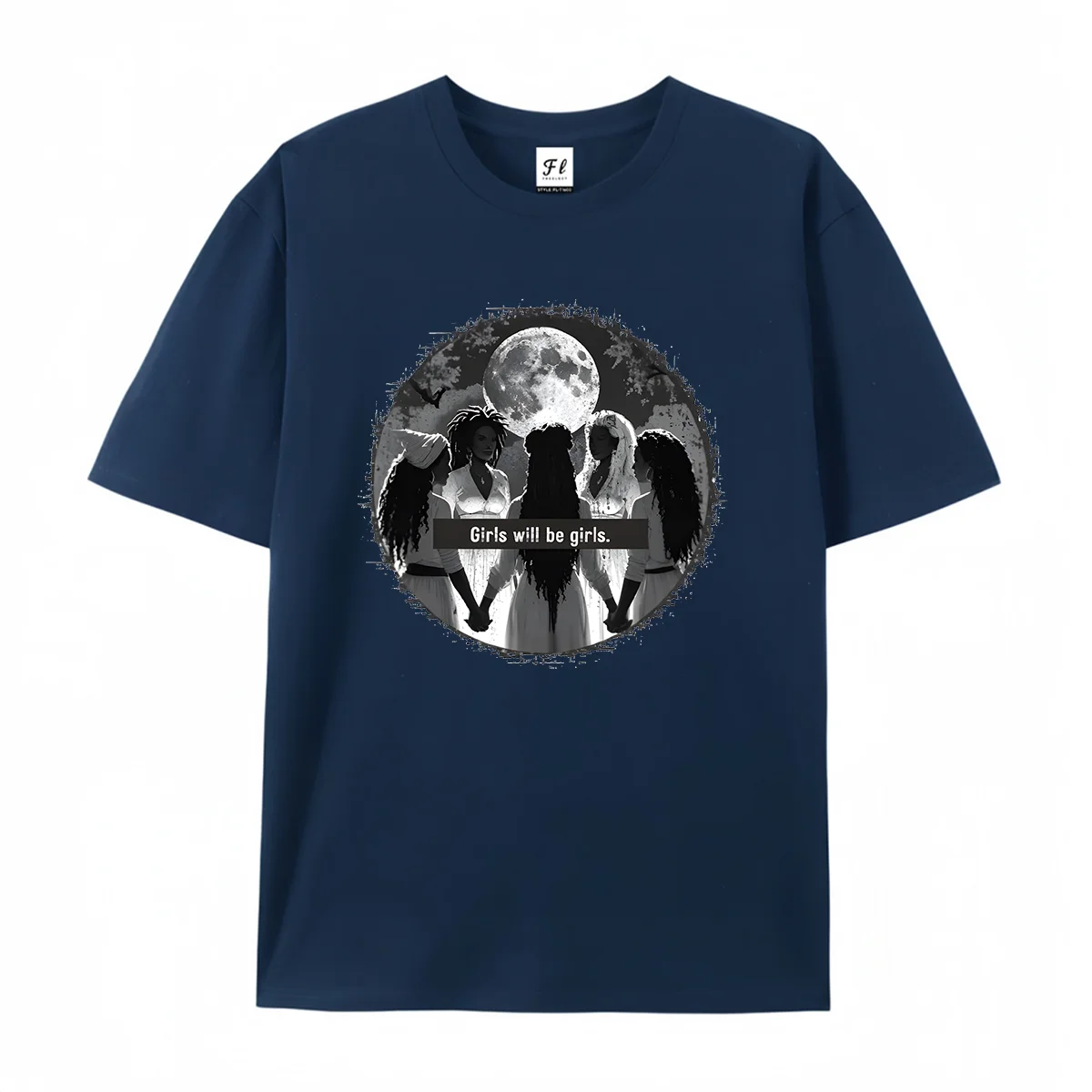 Girls Will Be Girls Graphic T‑Shirt Vintage Moon Women Holding Hands Circle Print Short Sleeve Top for Ladies Witchy Boho Wear