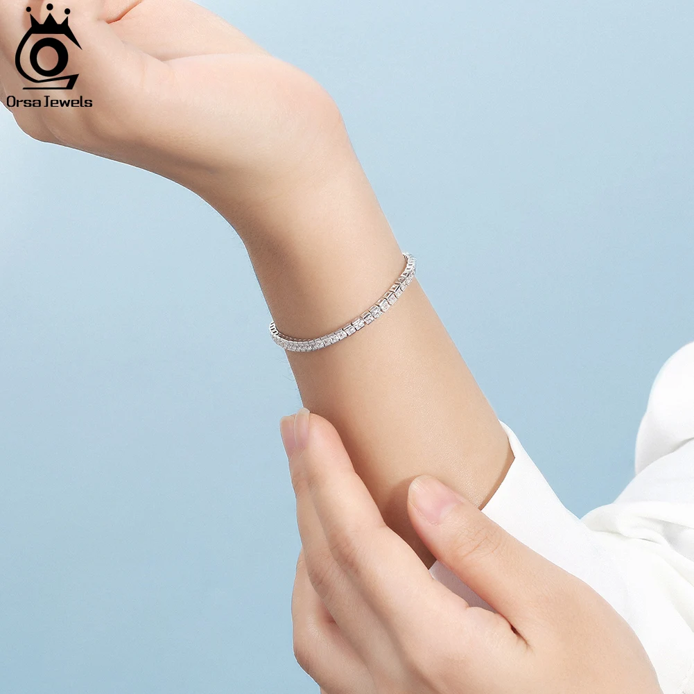 ORSA JEWELS Real 925 Sterling Silver 2mm Tennis Chain Bracelet for Women Fashion Princess-Cut Cubic Zirconia Chain Jewelry SB144