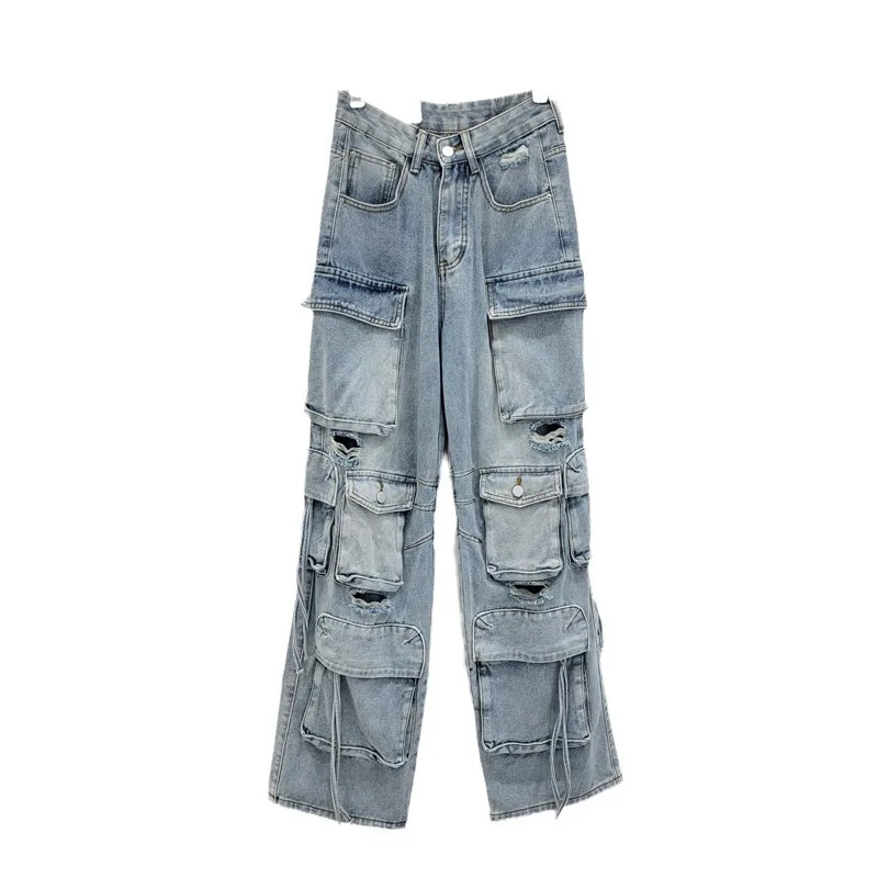 ANJY otoño nuevas mujeres Chic Cargo Jeans multi-bolsillo rasgado recto estilo Safari High Street moda Casual Y2K pantalones vaqueros A9395