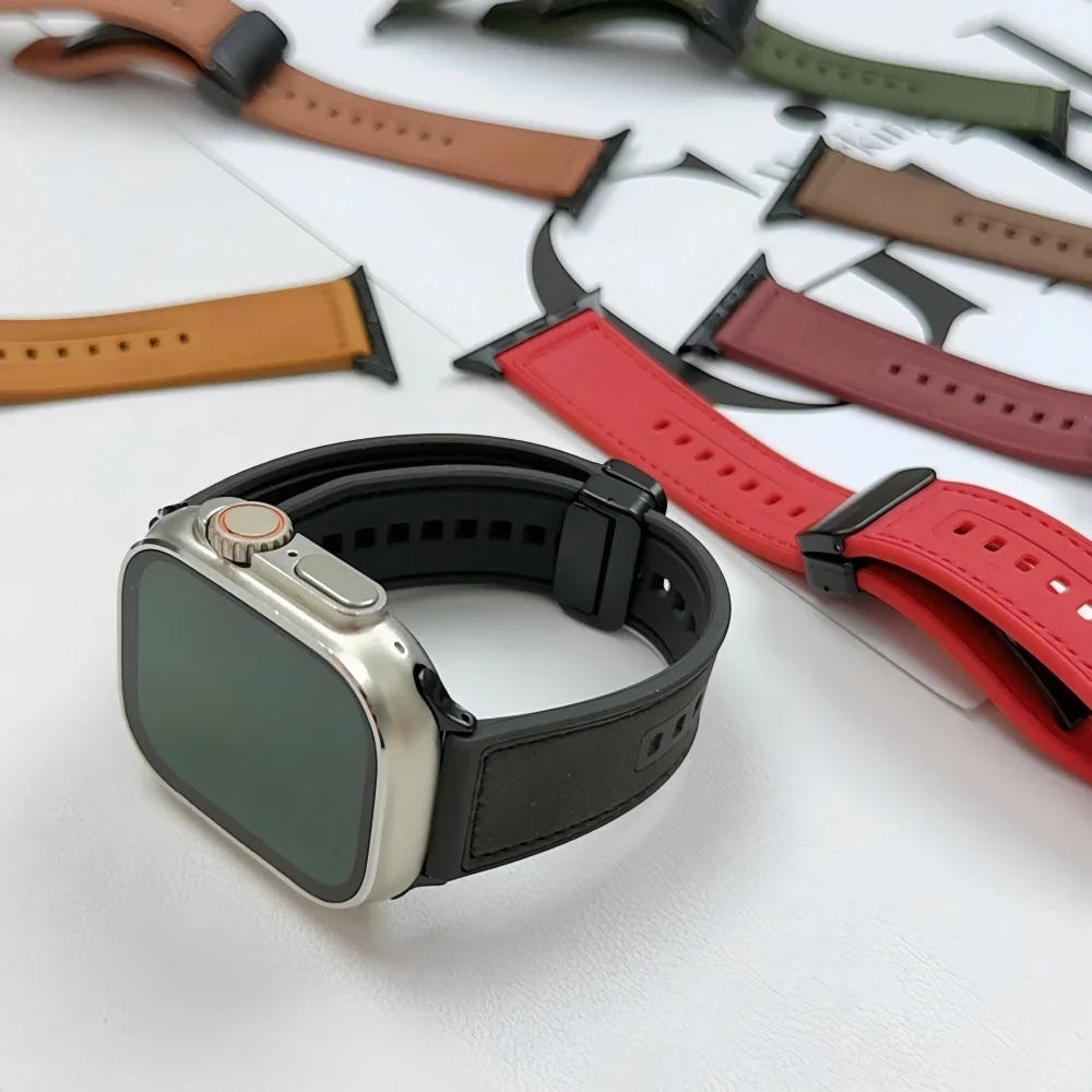 Correa para Apple watch de 44mm, 40mm, 45mm, 46mm, 41mm, 42mm, pulsera de cuero + silicona para iWatch series 10, 9, 8, 7, 6, se 5, ultra 49mm