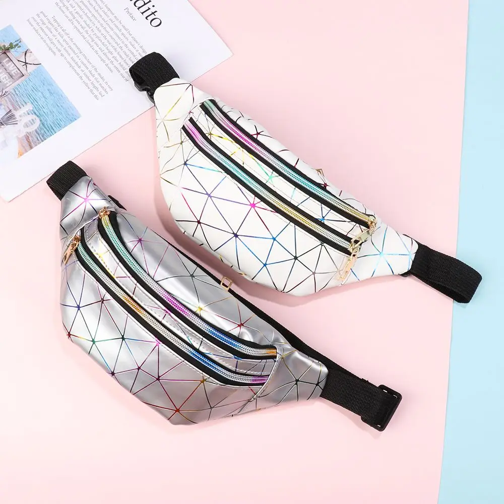 Holographic Waist Bags Women Pink Silver Fanny Pack Female Belt Bag Black Geometric Waist Packs Laser Chest Phone Pouch