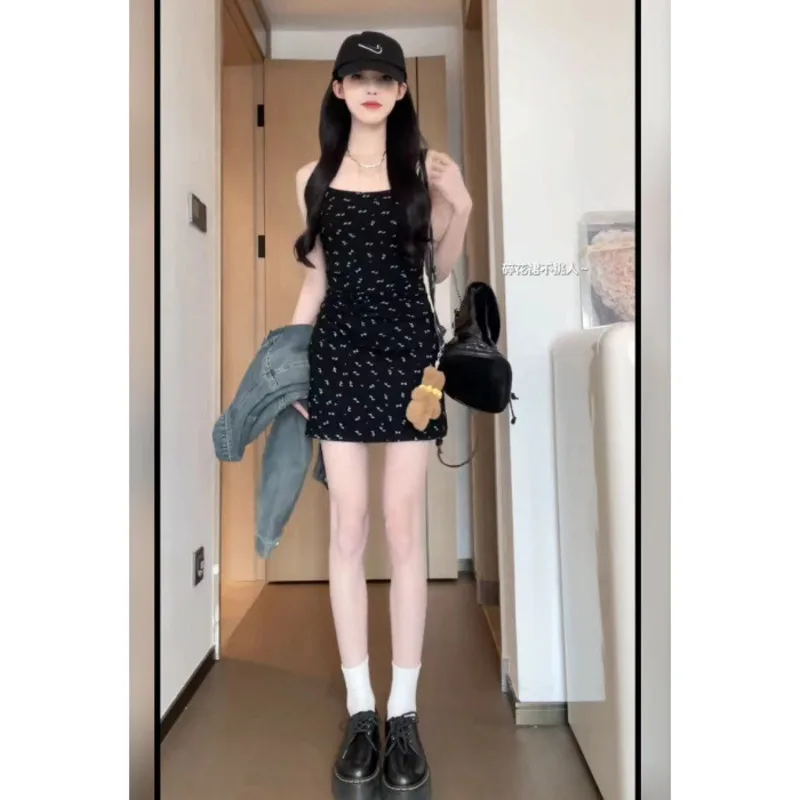 JHJN Sommerkleider für Damen, große Größen, schwarzes Blumen-Neckholder-Kleid für Mädchen, 2024, neuer Stil, dünne lange Kleider, Damenbekleidung, Vestidos