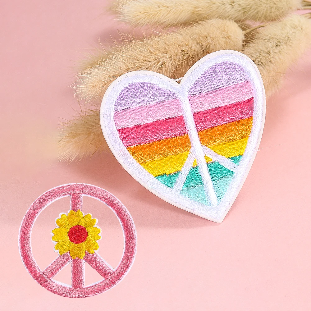 2pcs Peace Badge Rainbow Embroidery Anti-Nuclear War Logo Patches Daisy Heart Iron On Applique For Clothing Sew Phone Case Decor