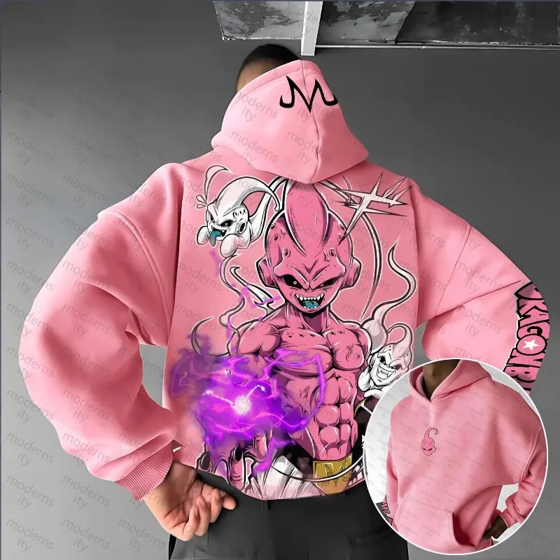 Anime Dragon Ball Majin Buu Big Back Print Hoodie Men Women Y2K Oversized Soft Fleece Pink Pullover Hooded Casual Sweatshirt