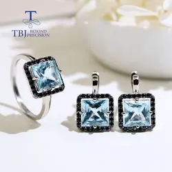 Women's 925 Sterling Silver Jewelry Set with Natural Sky Blue Topaz Gemstones Earring & Ring Stackable Gift