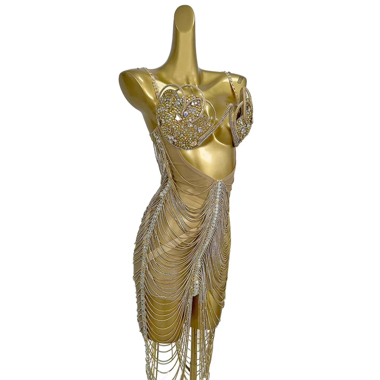 سباركلي حجر الراين شرابة شبكة Bodycon فستان قصير غاسل سلاسل فستان قصير مثير المرأة نادي مرحلة الأداء الرقص الزي