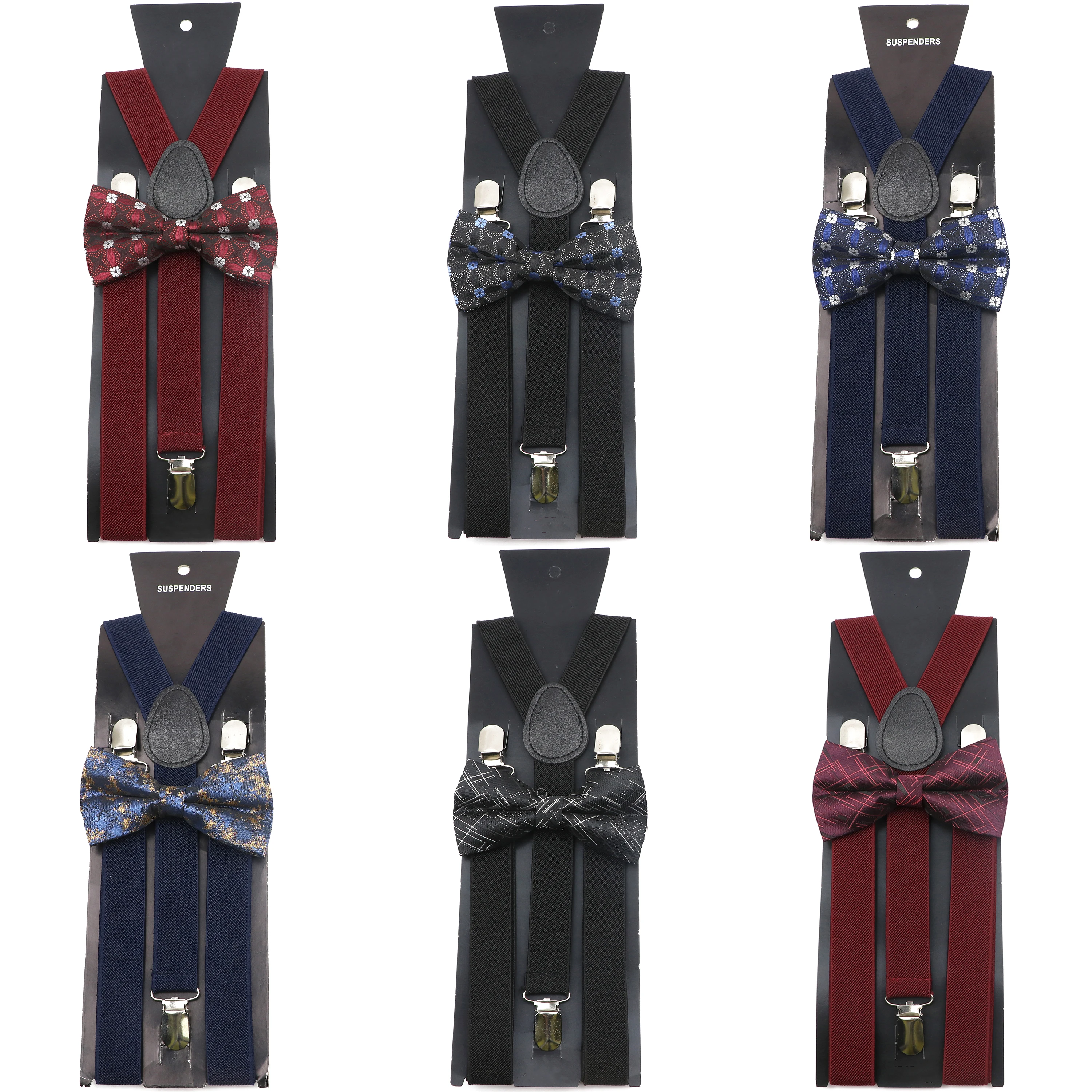 Solid Color Elastic Leather Suspenders Polyeater Bowtie Set Red Black Fashion Strap For Wedding Party Daily Wear Shirt Accessory