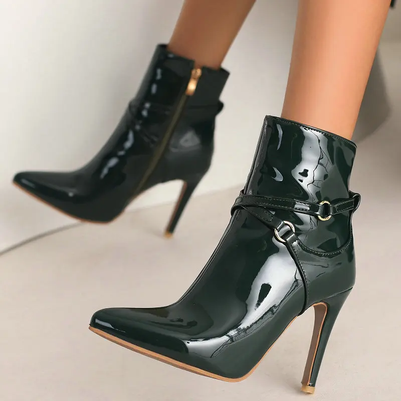 

Oversized 49 50 Patent Leather PU Pointed Toe Stiletto Boots Women Mature Sexy Party Thin High Heels Olive Burgundy Pumps Shoes