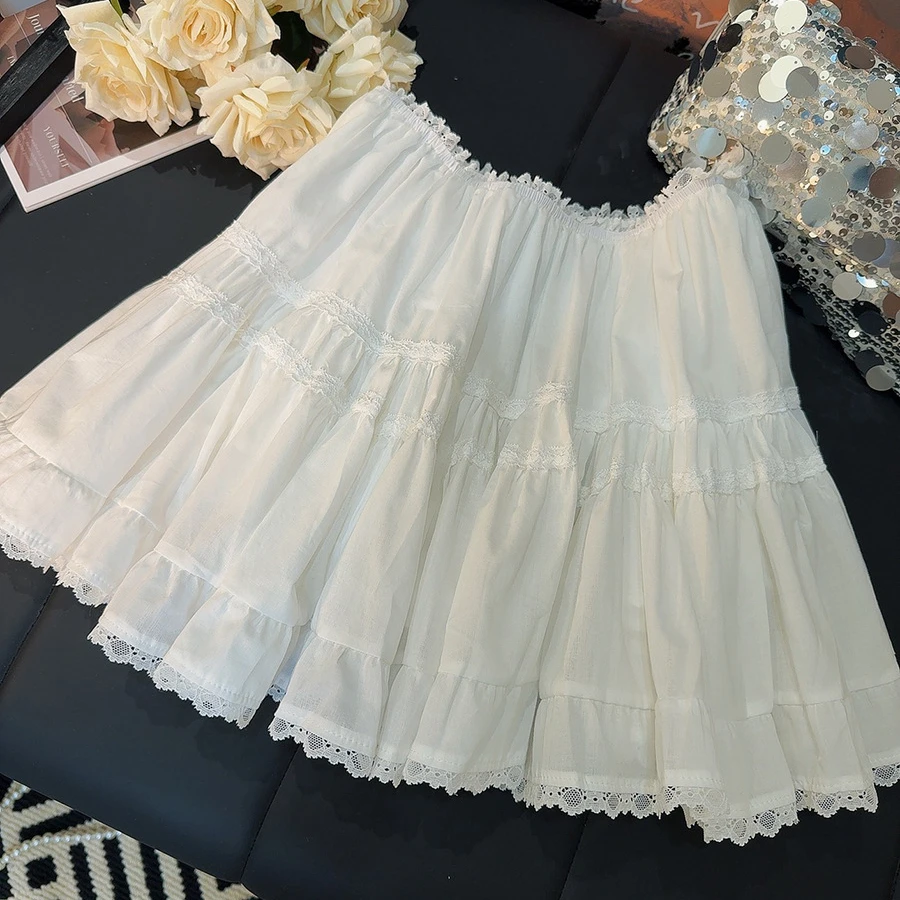 

Ballet Style White Cotton Skirt Women Summer 2024 New Lace Ruffle Designer Pleated Cake Mini Skirt Y2k Skirts