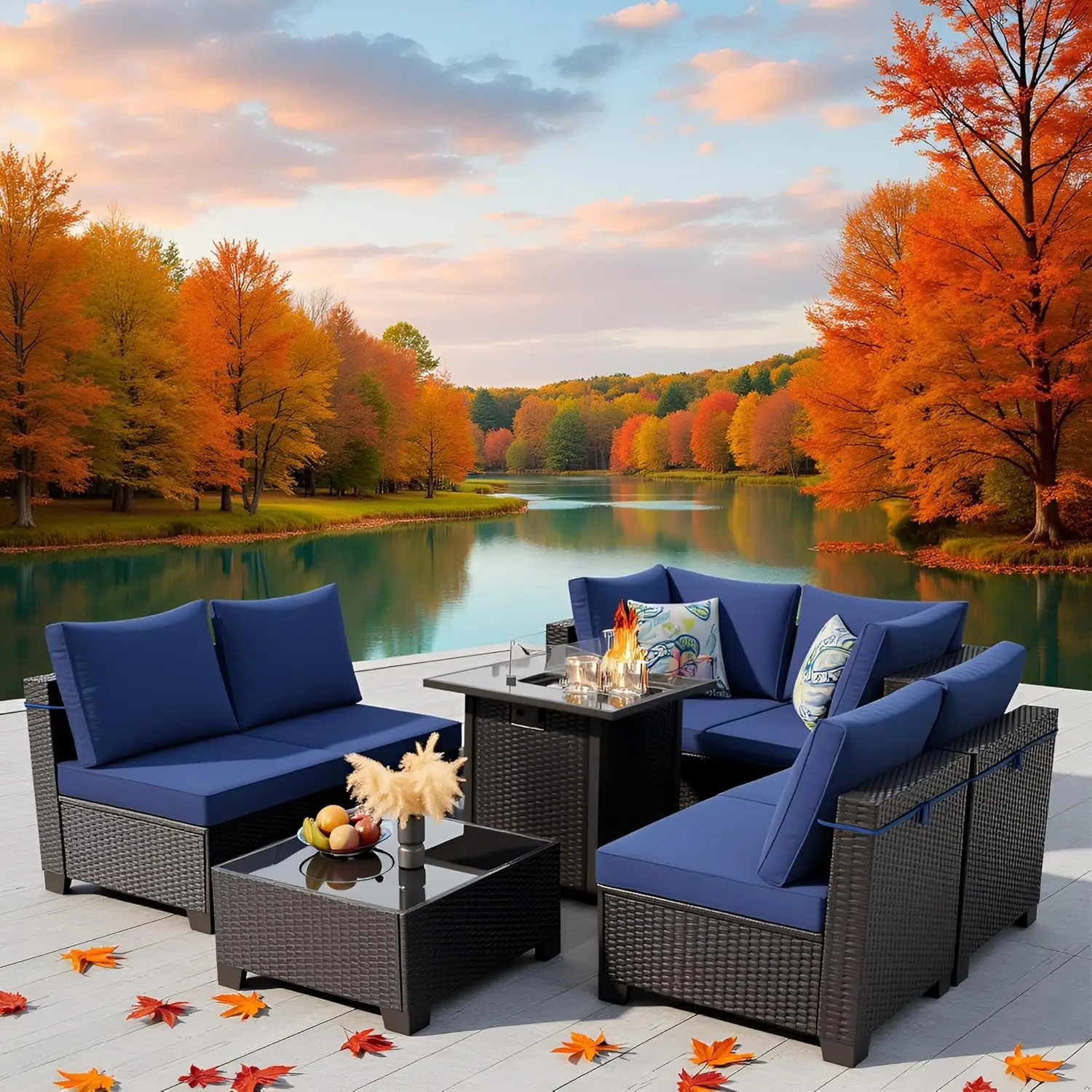 

Комплект садовой мебели с патио-столом-очагом, 8-местный секционный комплект из ротанга для улицы с толстыми подушками, садовый диван, на заказ