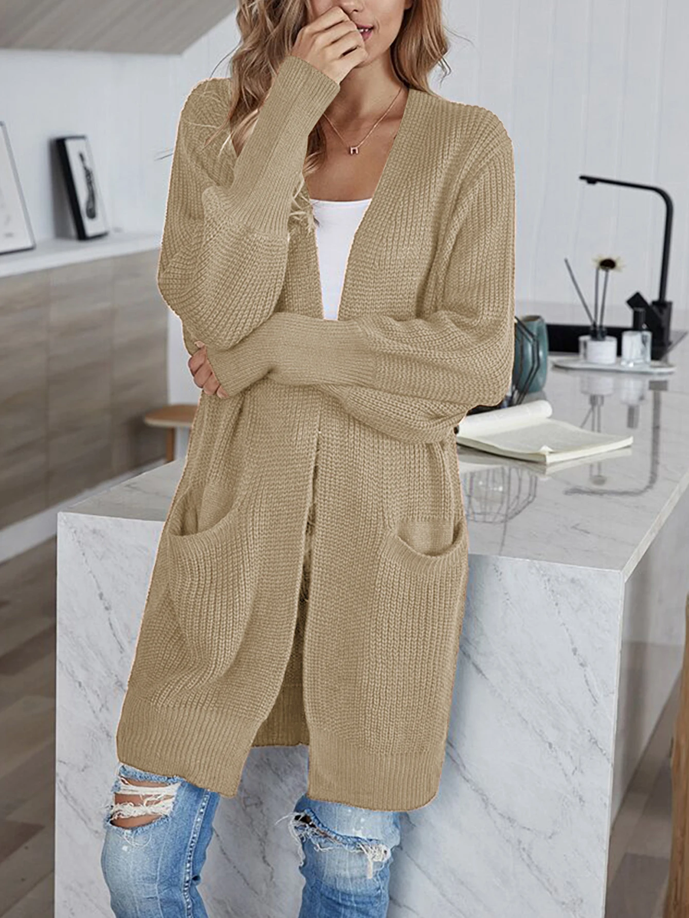 Sweater women\'s coat coarse wool line pocket knitted cardigan commuter style loose medium long coat casual