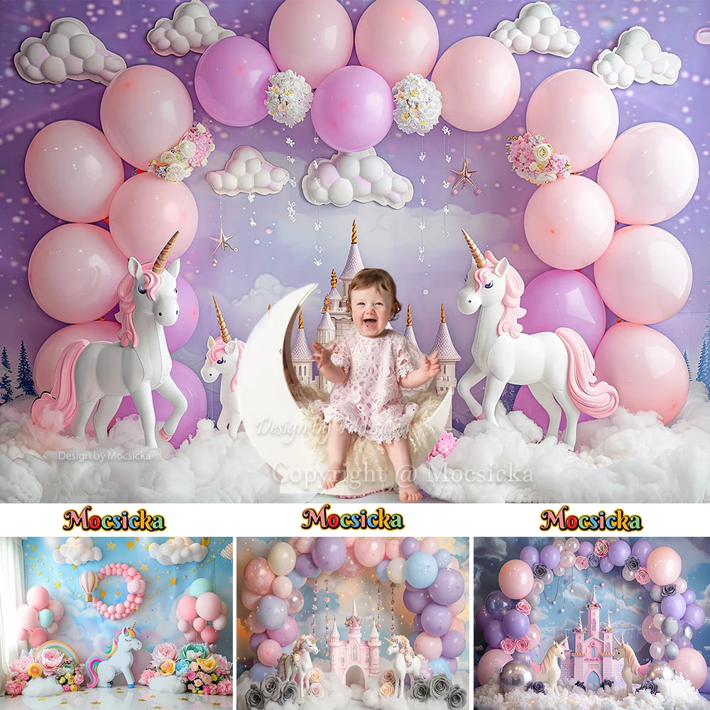 

Kids Cake Smash Photography Background Unicorn Girl 1st Birthday Party Backdrop Banner Castle Balloon Floral Decor Photozone