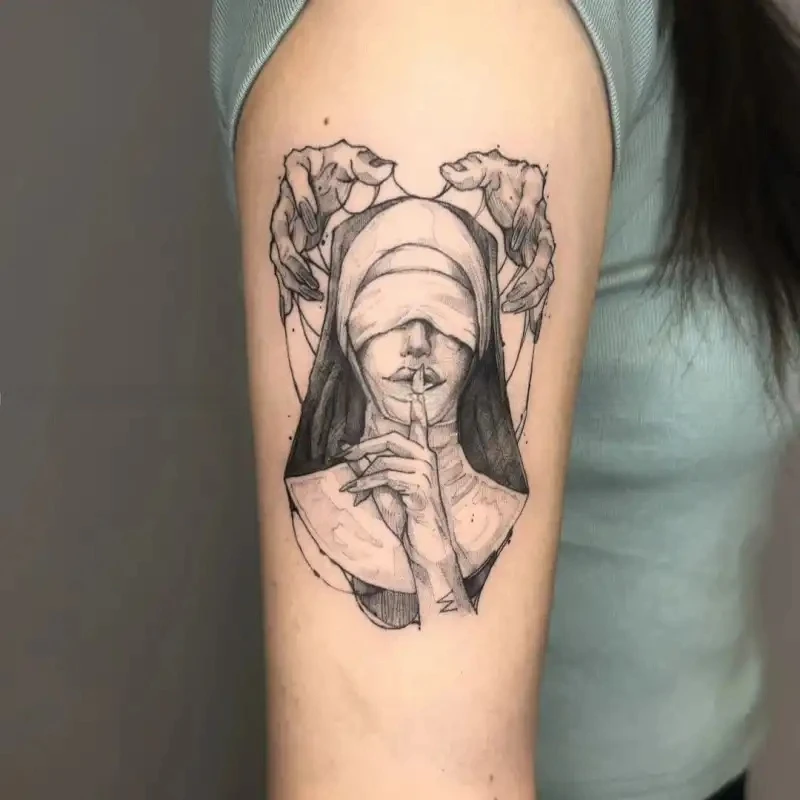 دمية صامتة راهبة عصير عشبي الوشم المؤقت الشر مرعب مقاوم للماء وهمية الوشم ملصق الجسم الفن الوشم موضة جديدة #1