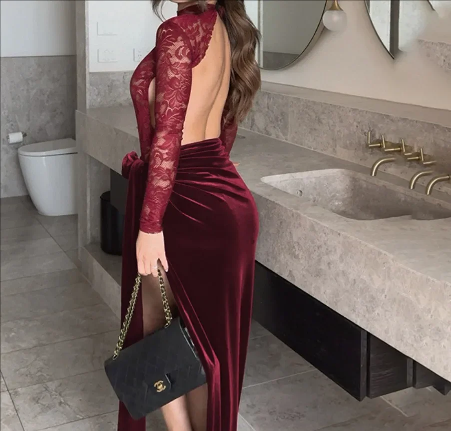 DSMTRC Abito lungo senza schienale a maniche lunghe Vino rosso O Collo Sheer Slit Club Party Abiti lunghi Donna Patchwork di pizzo Velluto Abito maxi sexy