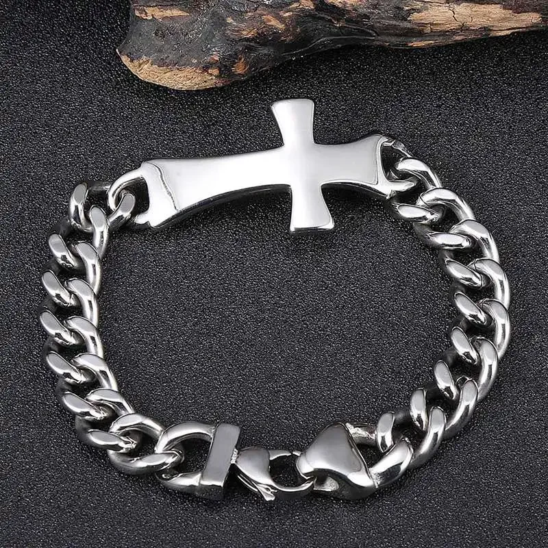 

11mm Stainless Steel Curb Cuban Link Chain Cross Bracelets Men Punk Jewelry Male Trendy Accessories Charm Bangles Gift GS0012