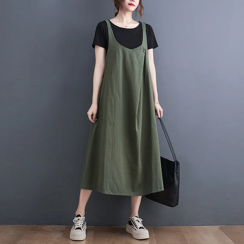 

#3331 Black Green Sleeveless Spaghetti Straps Dress Women Vintage A-line Overall Irregular Cotton Linen Dresses Female Summer