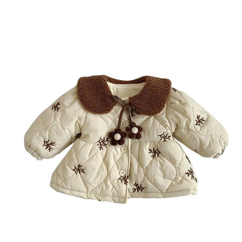 2024 Winter Baby Girls Coat Cotton Padded Plus Velvet Thick Warm Infant Girls Jacket Embroidery Flower Toddler Girls Overcoat