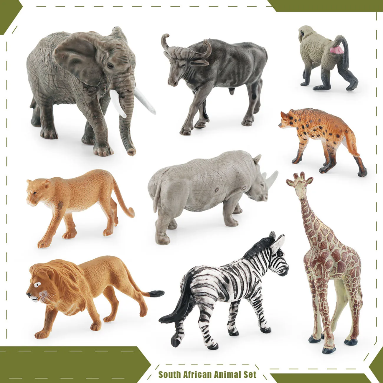 Animales de África del Sur simulados, cebra, León, jirafa, Lioness, rinoceronte blanco, elefante africano, modelo de juguete, adornos, 9 piezas