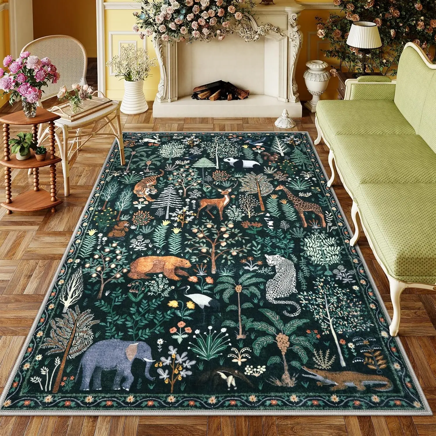 Jungle Print Area Rugs for Living Room, Green Soft Washable Rugs for Bedroom Ultra-Thin Non-Slip Modern Rug, Stain Resistant