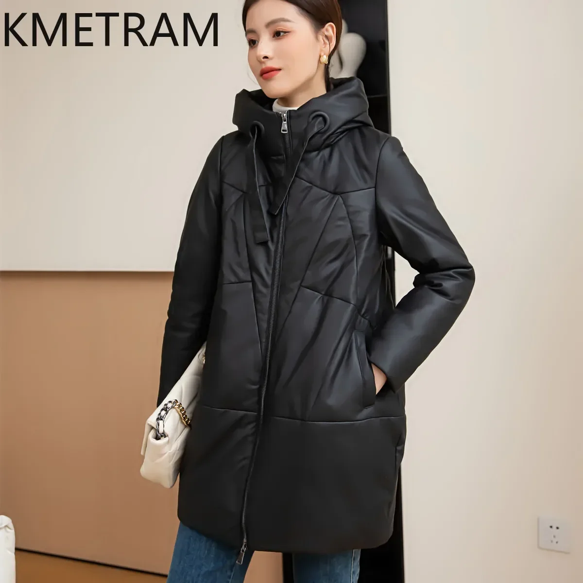 White Duck Down Leather Puffer Jacket Women Real Sheepskin Plus Size Down Coats with Hood Womens Winter Clothes 2024 пуховик