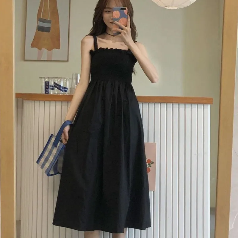 

Sleeveless Dress Summer Spaghetti Strap Fit Simple Solid Trendy Ladies Off Shoulder Elegant European Style Slim Breathable H-113
