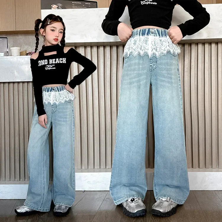 

Loose Kids Wide Leg Denim Pants High Waist Lace Design Child Trousers Lace Jeans for Girls Fashion Clothes for Teenagers Solid