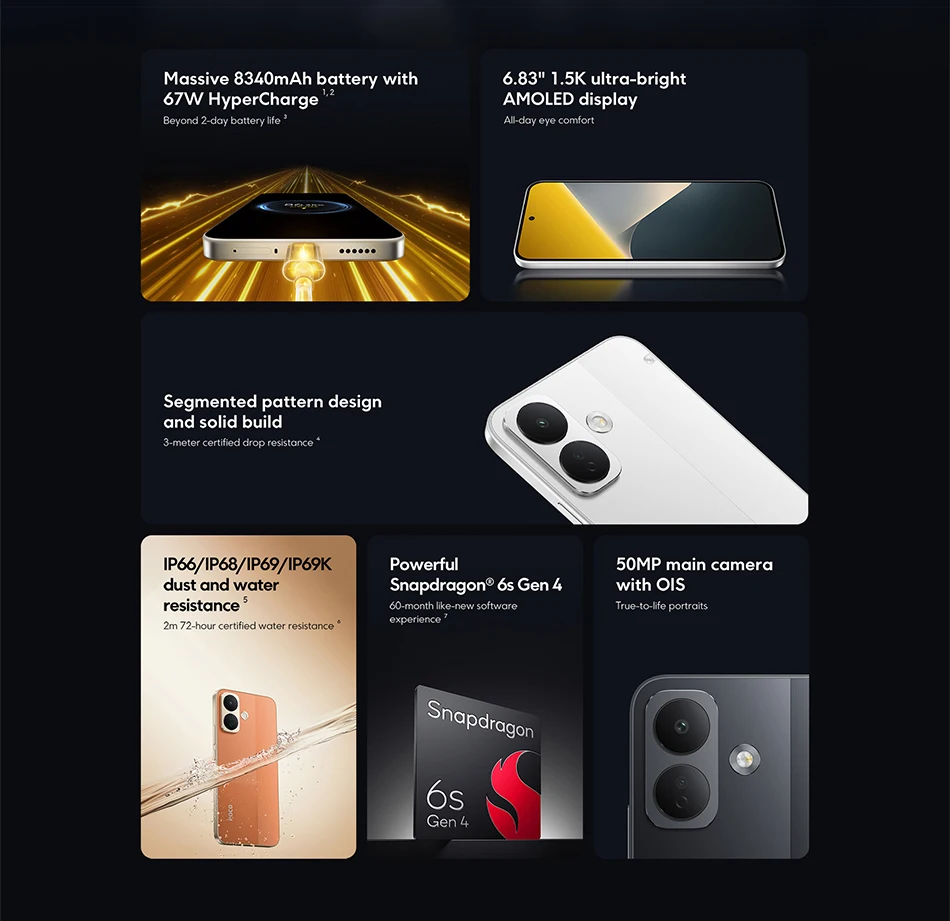 Global Version POCO X8 Snapdragon® 6s Gen 4 Smartphone NFC 50MP main camera 8340mAh 6.83" AMOLED display 67W HyperCharge