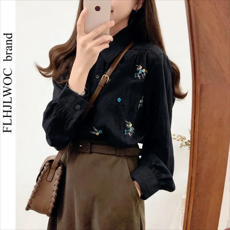 

Cotton Blends Tops Blouses New Cute Girls Woman Long Sleeve Casual Solid Embroidery Top Retro Vintage Basics Button White Shirts