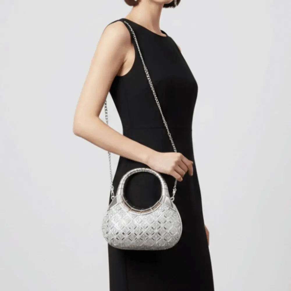 Crystal Embellished Crescent Evening Clutch High-shine Finish Detachable Chain Rhinestone Box Purse Geometric Pattern