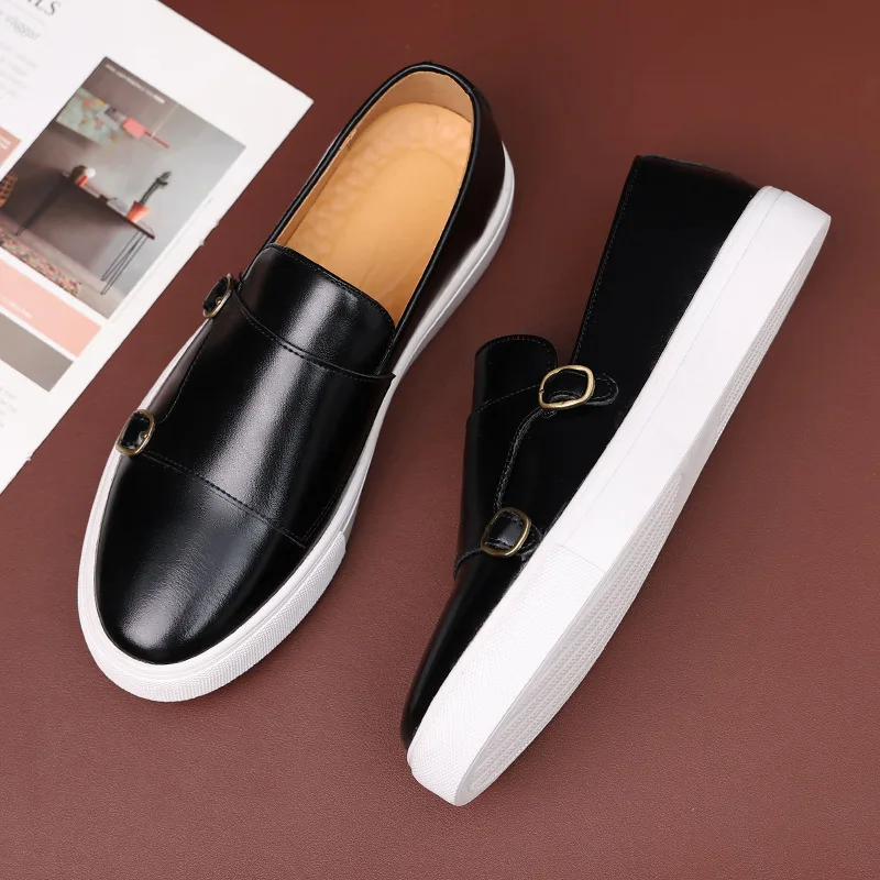 Fashion Man Casual Shoes Leather Men's Retro British Style Loafers Slip-on Outdoor Flats Double Monk Business Daily Shoe