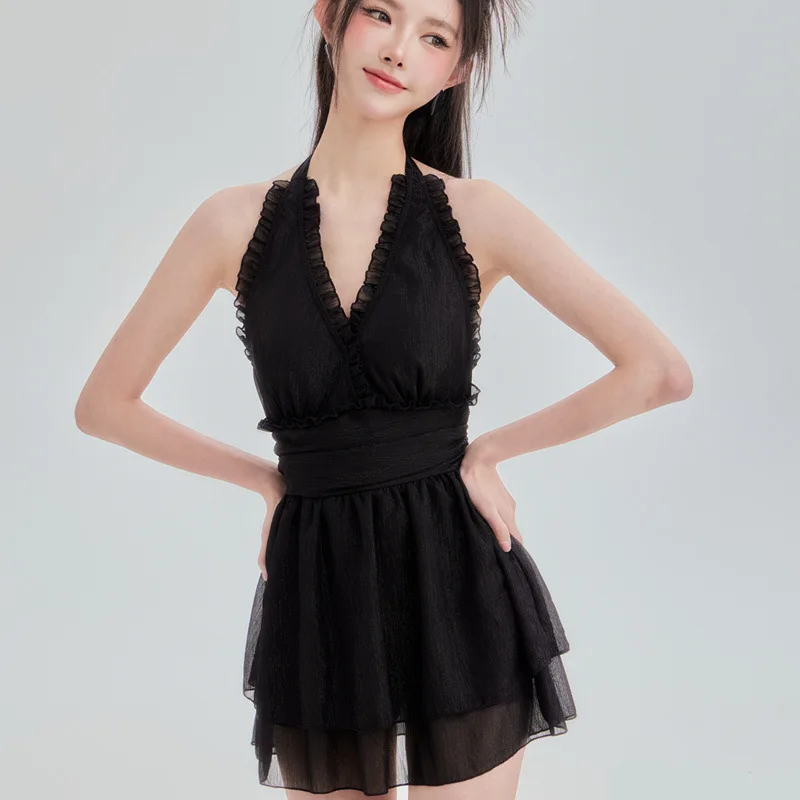 Lolita – maillot de bain une pièce pour filles, bretelles fines, couleur unie, volants, col licou, dos ouvert, robe conservatrice, pour femmes, plage